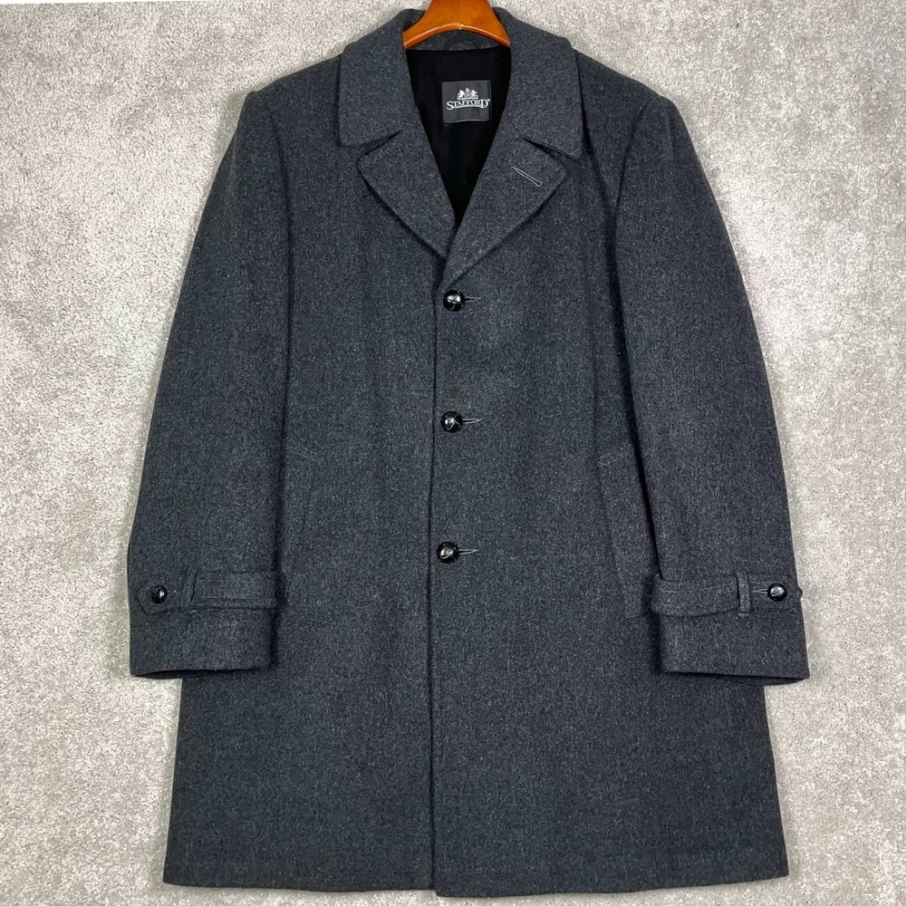 Vintage Stafford Overcoat Men 46 Long Gray Wool Blend Plaid Lining Tweed